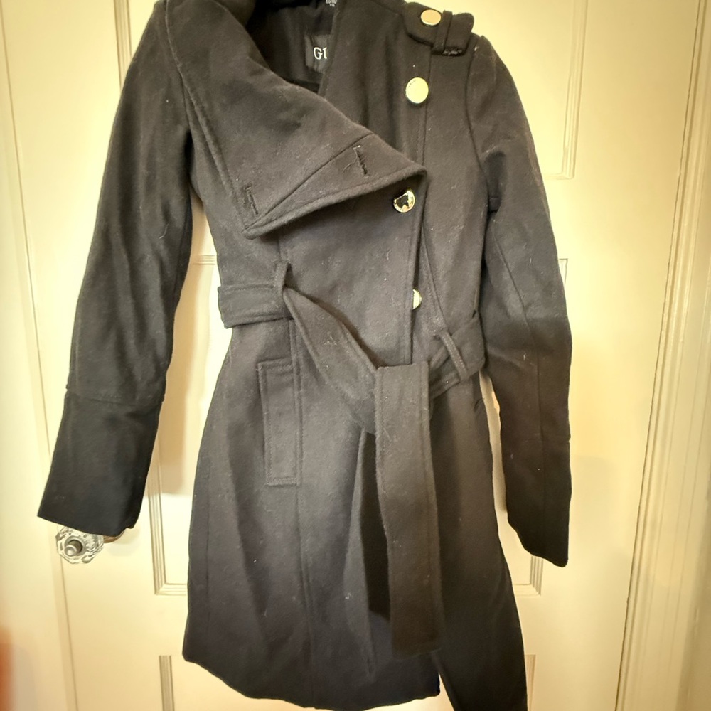 Guess Dark Trench Coat with Gold Accents
